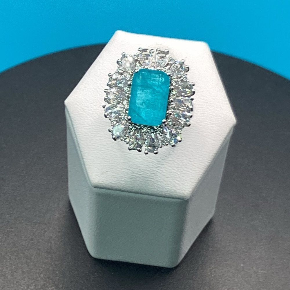 Gorgeous Vintage-Inspired Simulated Paraiba Tourmaline & CZ Halo Statement Ring